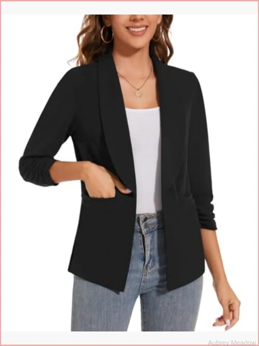 Women Casual Shawl Lapel Ruched 3/4 Sleeve Open Front Blazer Jacket